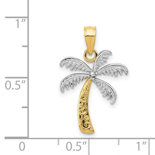 14K Yellow Gold and Rhodium Two Tone Palm Tree Pendant Charm