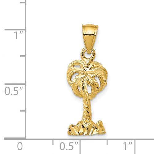 14k Yellow Gold Palm Tree Diamond Cut Pendant Charm