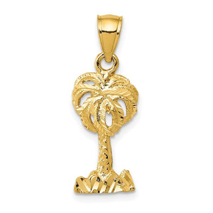 14k Yellow Gold Palm Tree Diamond Cut Pendant Charm