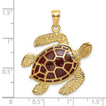 Cargar imagen en el visor de la galería, 14k Yellow Gold Enamel Brown Sea Turtle 3D Large Pendant Charm
