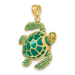 Cargar imagen en el visor de la galería, 14k Yellow Gold Enamel Green Sea Turtle 3D Large Pendant Charm
