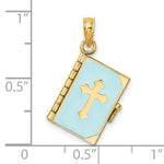 Indlæs billede til gallerivisning 14k Yellow Gold Enamel Blue with Cross Bible Lord&#39;s Prayer Book 3D Pendant Charm
