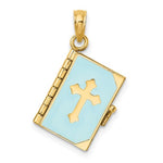 Afbeelding in Gallery-weergave laden, 14k Yellow Gold Enamel Blue with Cross Bible Lord&#39;s Prayer Book 3D Pendant Charm

