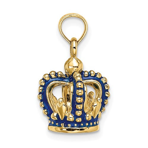 14K Yellow Gold Enamel Blue Crown 3D Pendant Charm