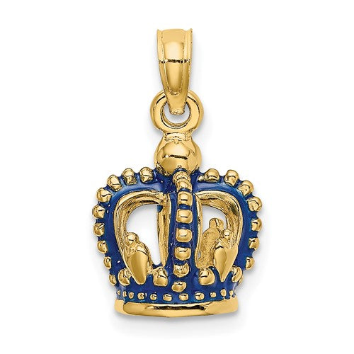 14K Yellow Gold Enamel Blue Crown 3D Pendant Charm