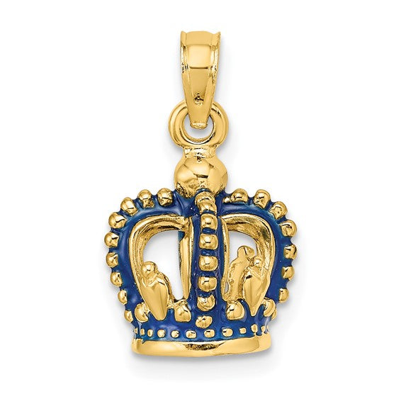 14K Yellow Gold Enamel Blue Crown 3D Pendant Charm