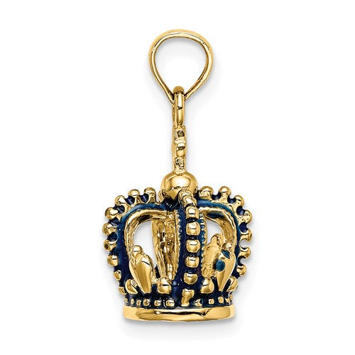 14K Yellow Gold Enamel Blue Crown 3D Pendant Charm