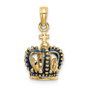 14K Yellow Gold Enamel Blue Crown 3D Pendant Charm