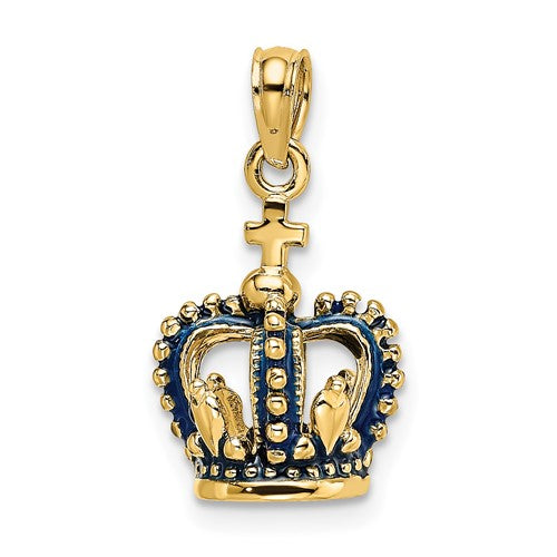 14K Yellow Gold Enamel Blue Crown 3D Pendant Charm