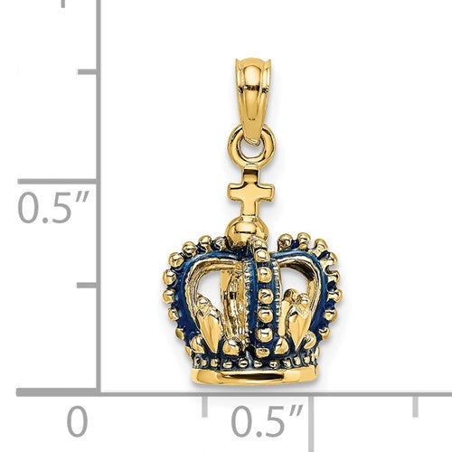 14K Yellow Gold Enamel Blue Crown 3D Pendant Charm