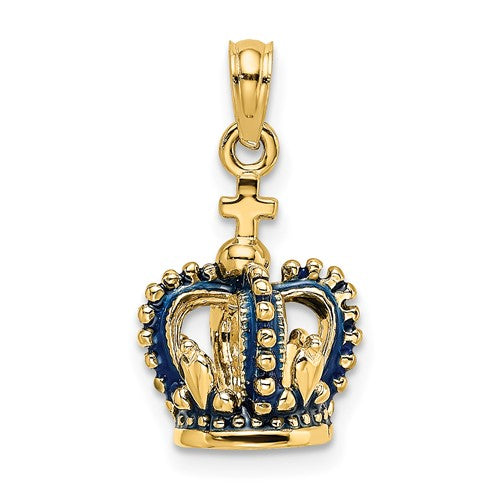 14K Yellow Gold Enamel Blue Crown 3D Pendant Charm