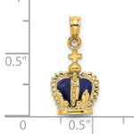 Cargar imagen en el visor de la galería, 14K Yellow Gold Enamel Blue Crown with Cross 3D Pendant Charm
