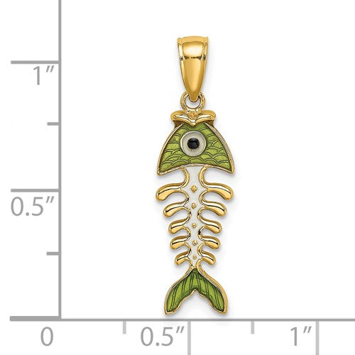 14k Yellow Gold Enamel Green Fish Bone 3D Pendant Charm