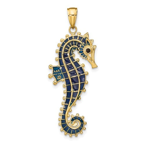 14k Yellow Gold Enameled Seahorse 3D Pendant Charm