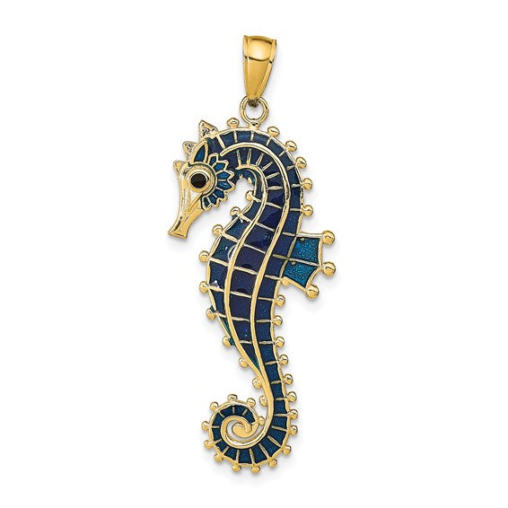 14k Yellow Gold Enameled Seahorse 3D Pendant Charm