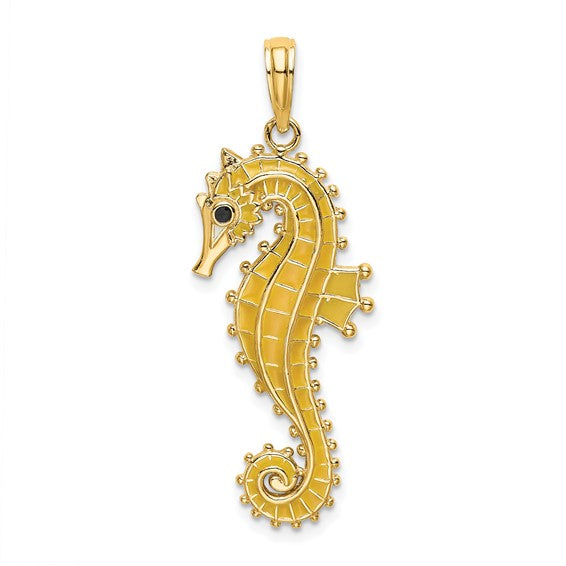 14k Yellow Gold Yellow Enamel Seahorse 3D Pendant Charm