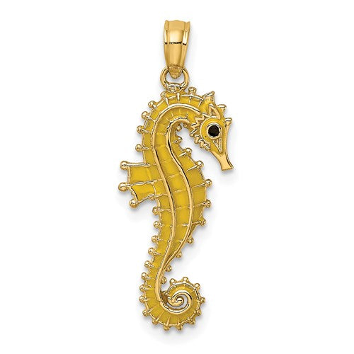 14k Yellow Gold Yellow Enamel Seahorse 3D Pendant Charm