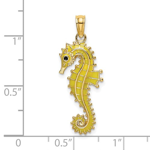 14k Yellow Gold Yellow Enamel Seahorse 3D Pendant Charm