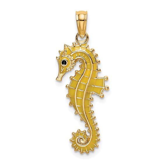 14k Yellow Gold Yellow Enamel Seahorse 3D Pendant Charm