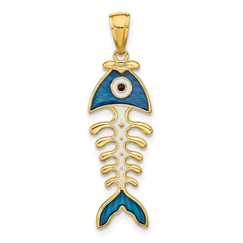 14k Yellow Gold Enamel Blue Fish Bone 3D Pendant Charm