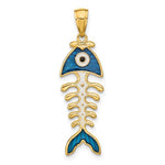 Indlæs billede til gallerivisning 14k Yellow Gold Enamel Blue Fish Bone 3D Pendant Charm
