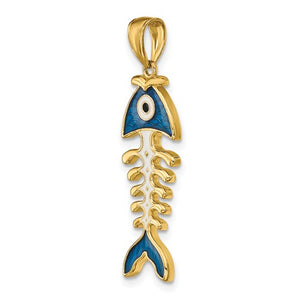 14k Yellow Gold Enamel Blue Fish Bone 3D Pendant Charm