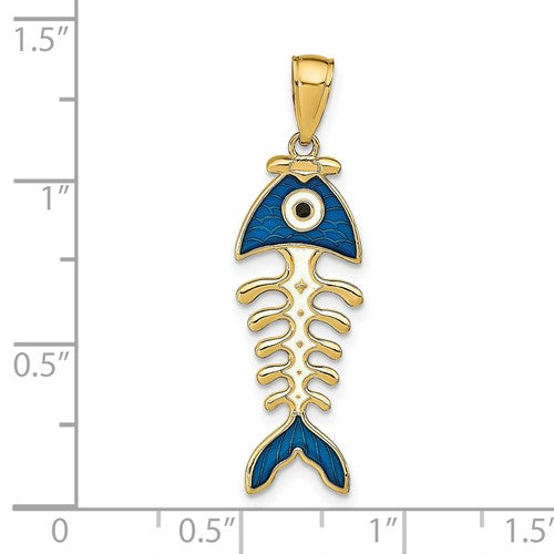 14k Yellow Gold Enamel Blue Fish Bone 3D Pendant Charm