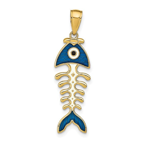 14k Yellow Gold Enamel Blue Fish Bone 3D Pendant Charm