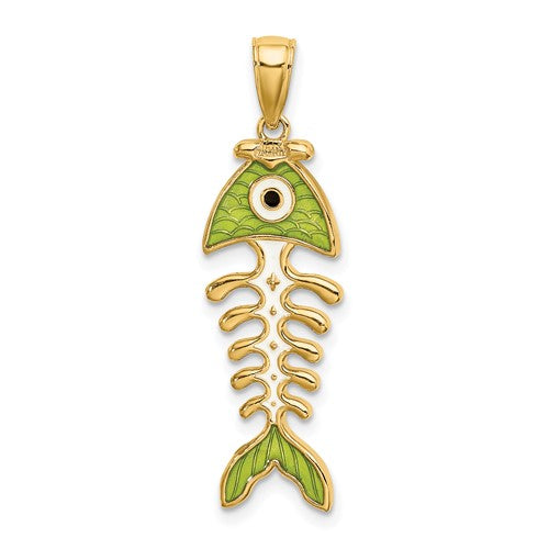 14k Yellow Gold Enamel Green Fish Bone 3D Pendant Charm