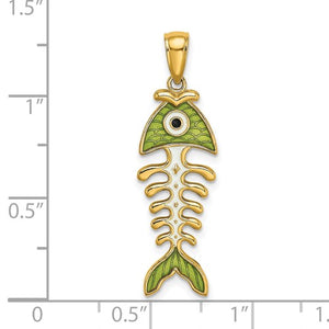 14k Yellow Gold Enamel Green Fish Bone 3D Pendant Charm