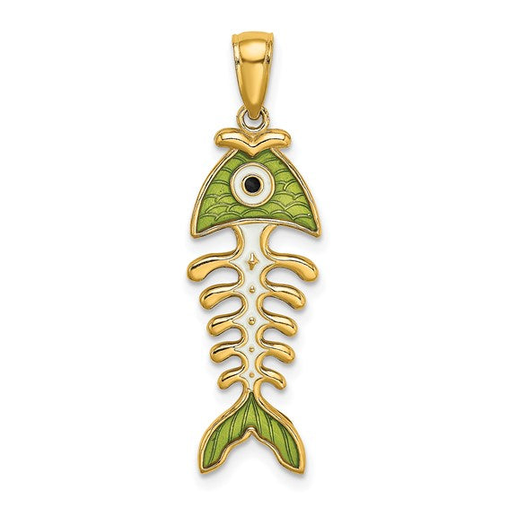 14k Yellow Gold Enamel Green Fish Bone 3D Pendant Charm