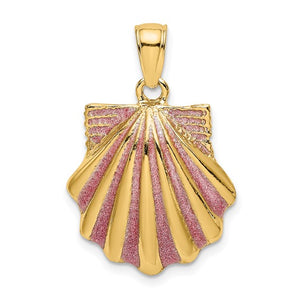 14k Yellow Gold Enamel Pink Seashell Scallop Shell Clamshell Pendant Charm