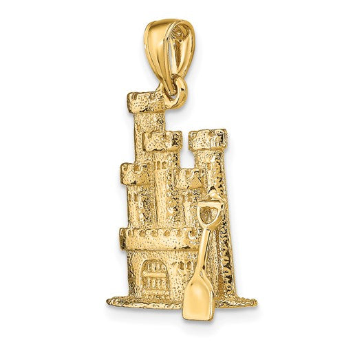 14K Yellow Gold Sandcastle Beach Shovel 3D Pendant Charm