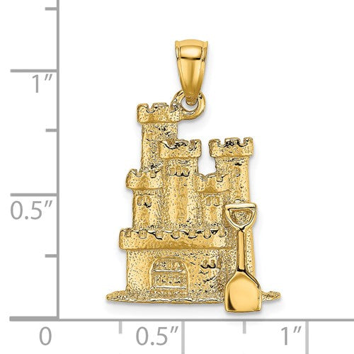 14K Yellow Gold Sandcastle Beach Shovel 3D Pendant Charm