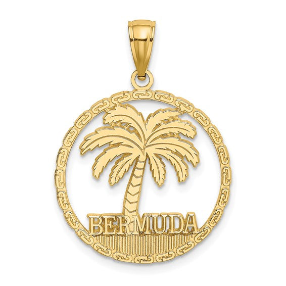 14k Yellow Gold Bermuda Palm Tree Circle Pendant Charm