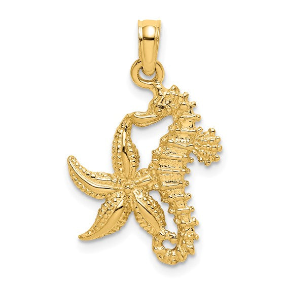 14k Yellow Gold Seahorse Starfish Pendant Charm