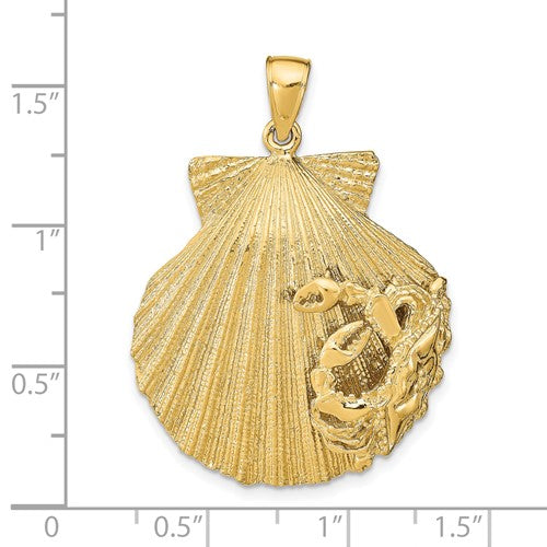 14k Yellow Gold Seashell Scallop Shell Clamshell with Crab Pendant Charm