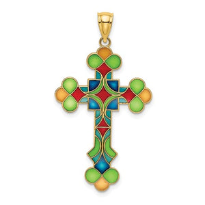 14k Yellow Gold Enamel Multi Color Cross Pendant Charm