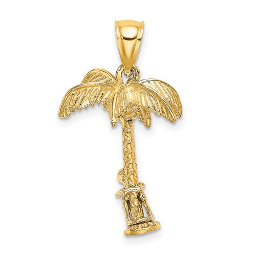 14k Yellow White Gold Two Tone Coconut Tree Moveable Man 3D Pendant Charm