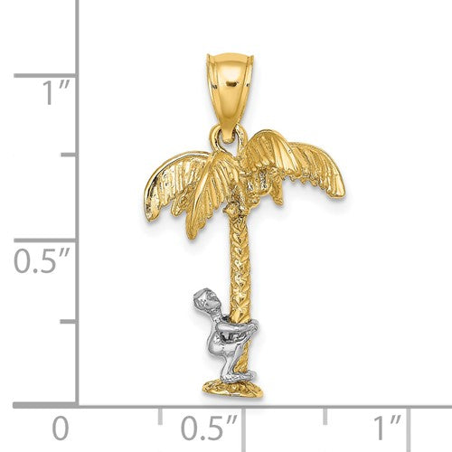 14k Yellow White Gold Two Tone Coconut Tree Moveable Man 3D Pendant Charm