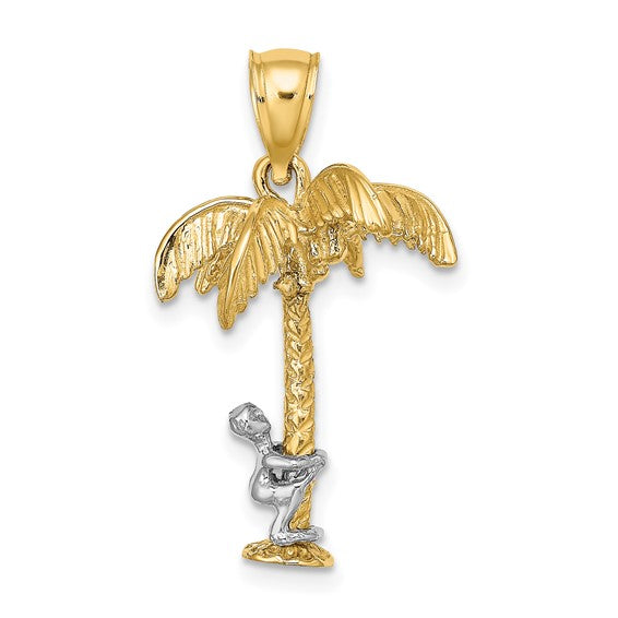 14k Yellow White Gold Two Tone Coconut Tree Moveable Man 3D Pendant Charm