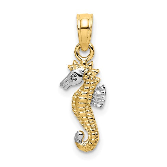 14k Yellow Gold and Rhodium Seahorse Pendant Charm