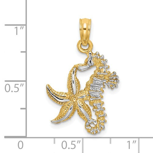 14k Yellow Gold and Rhodium Seahorse Starfish Pendant Charm