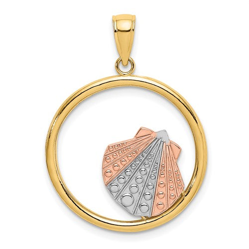 14k Yellow Rose Gold and Rhodium Seashell Scallop Shell Clamshell Pendant Charm