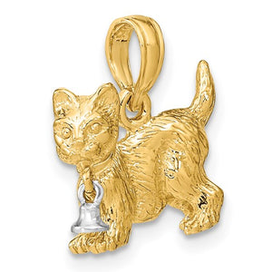 14k Yellow White Gold Two Tone Cat with Dangling Bell 3D Pendant Charm