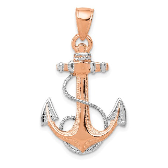 14k Rose Gold Rhodium Two Tone Anchor with Rope Pendant Charm