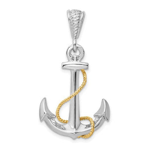 Sterling Silver and 14k Yellow Gold Anchor Large 3D Pendant Charm