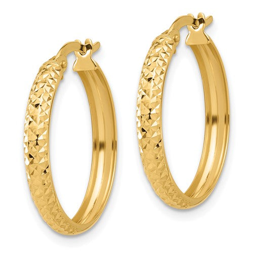 14K Yellow Gold Diamond Cut Round Hoop Textured Earrings 22mm x 3mm