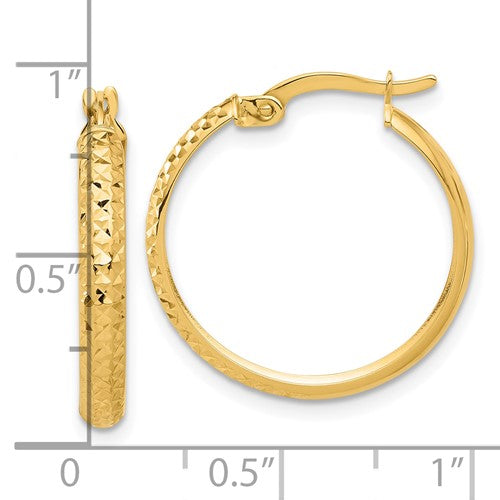 14K Yellow Gold Diamond Cut Round Hoop Textured Earrings 22mm x 3mm