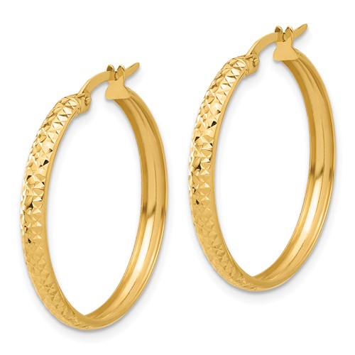 14K Yellow Gold Diamond Cut Round Hoop Textured Earrings 27mm x 3mm